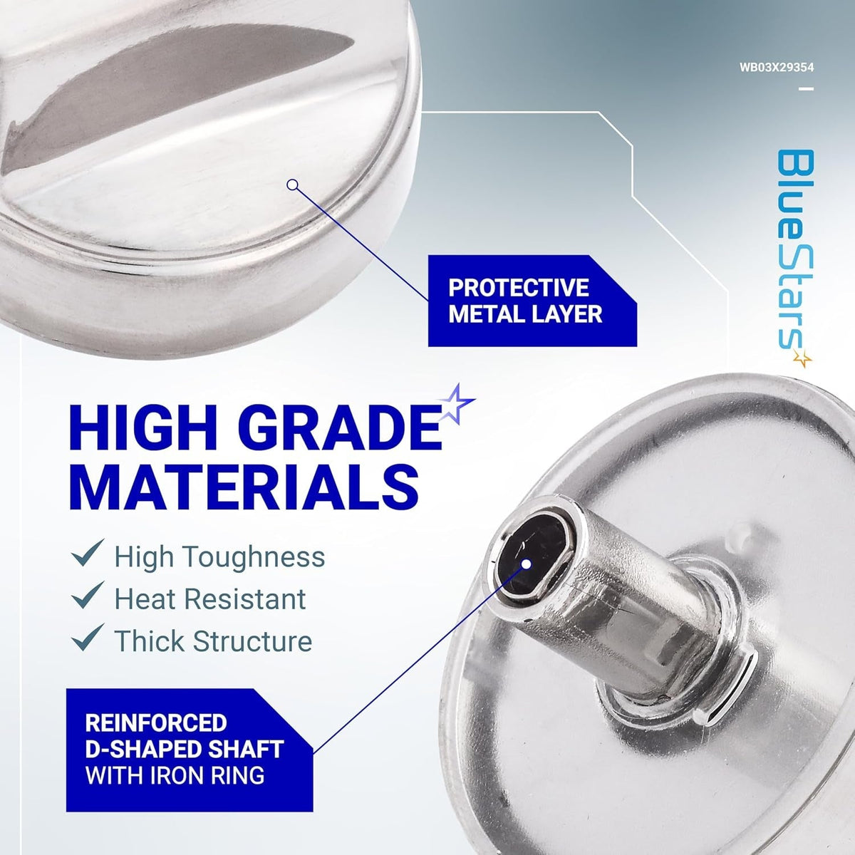 Close-up of WB03X29354 gas cooktop knob showing protective metal layer and reinforced D-shaped shaft with iron ring.