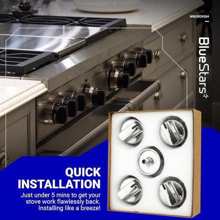 Pack of 5 WB03X29354 gas cooktop replacement knobs in protective foam packaging with stove installation graphic.
