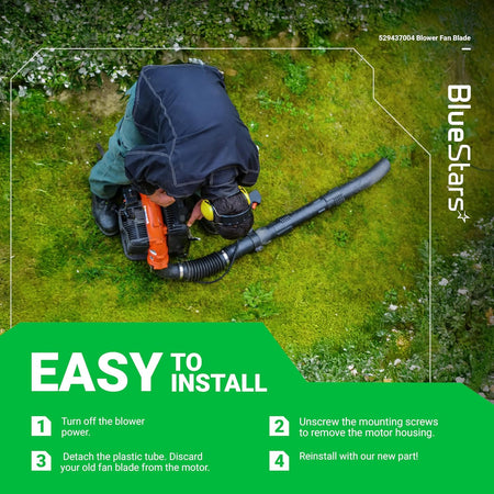 Instructional graphic showing how to install the 529437004 blower fan blade on a Ryobi cordless leaf blower.