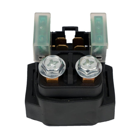 Starter solenoid relay for Yamaha YFM 350 with two metal terminal bolts and two green fuses.