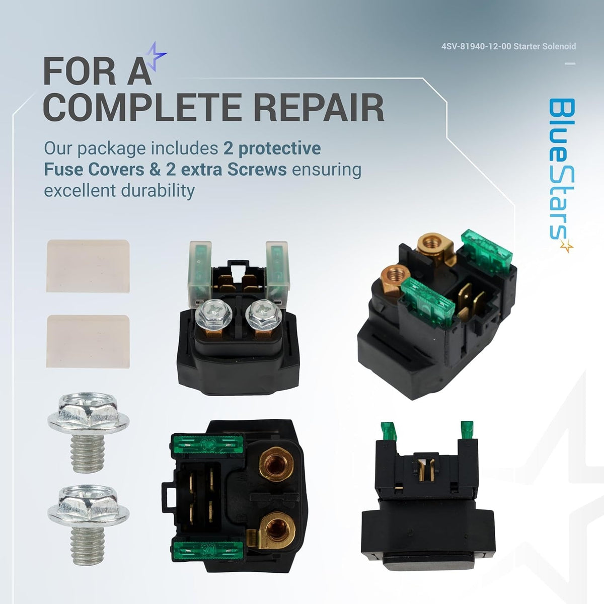 4SV-81940-12-00 starter solenoid relay kit for Yamaha YFM 350 with extra screws and fuse covers.