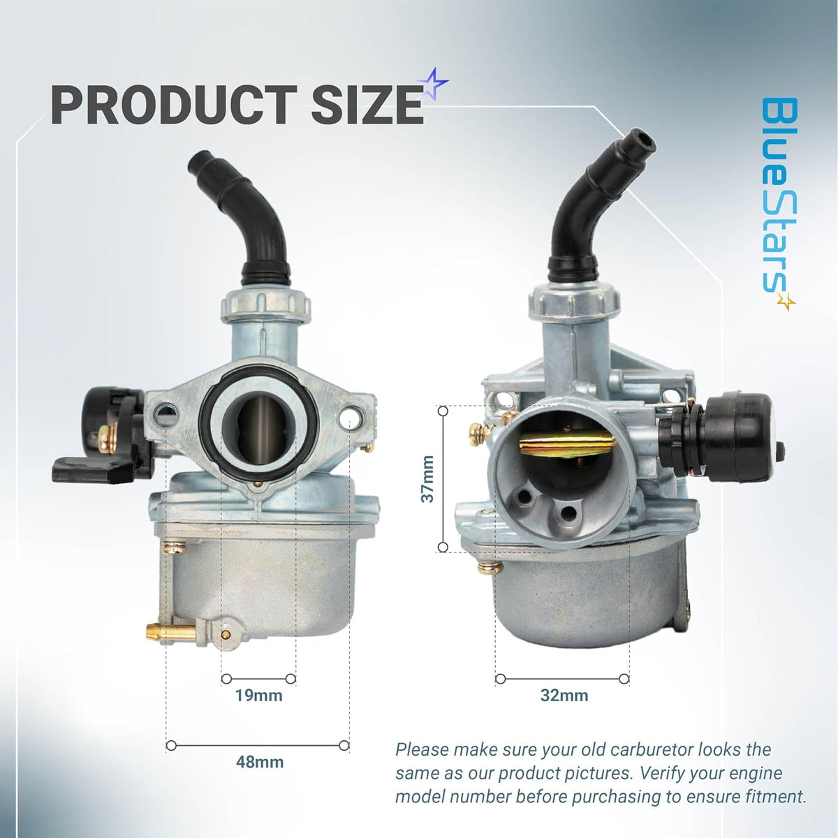 AT125 Carburetor Kit, carburetor size diagram showing front and side views with 37mm, 19mm, 32mm and 48mm measurements