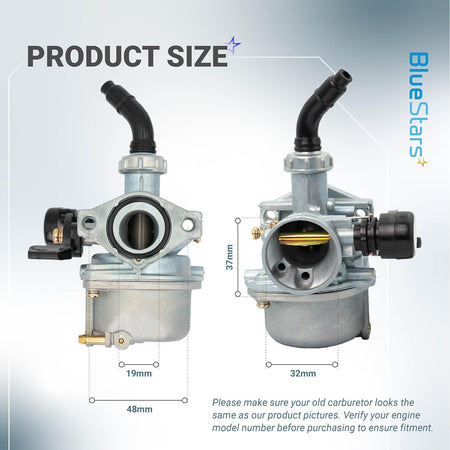 AT125 Carburetor Kit, carburetor size diagram showing front and side views with 37mm, 19mm, 32mm and 48mm measurements