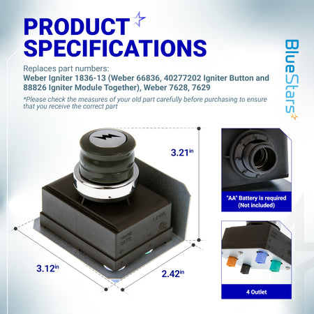 Specification chart for Weber Genesis 300 series electronic igniter kit showing dimensions and 4-outlet module details.