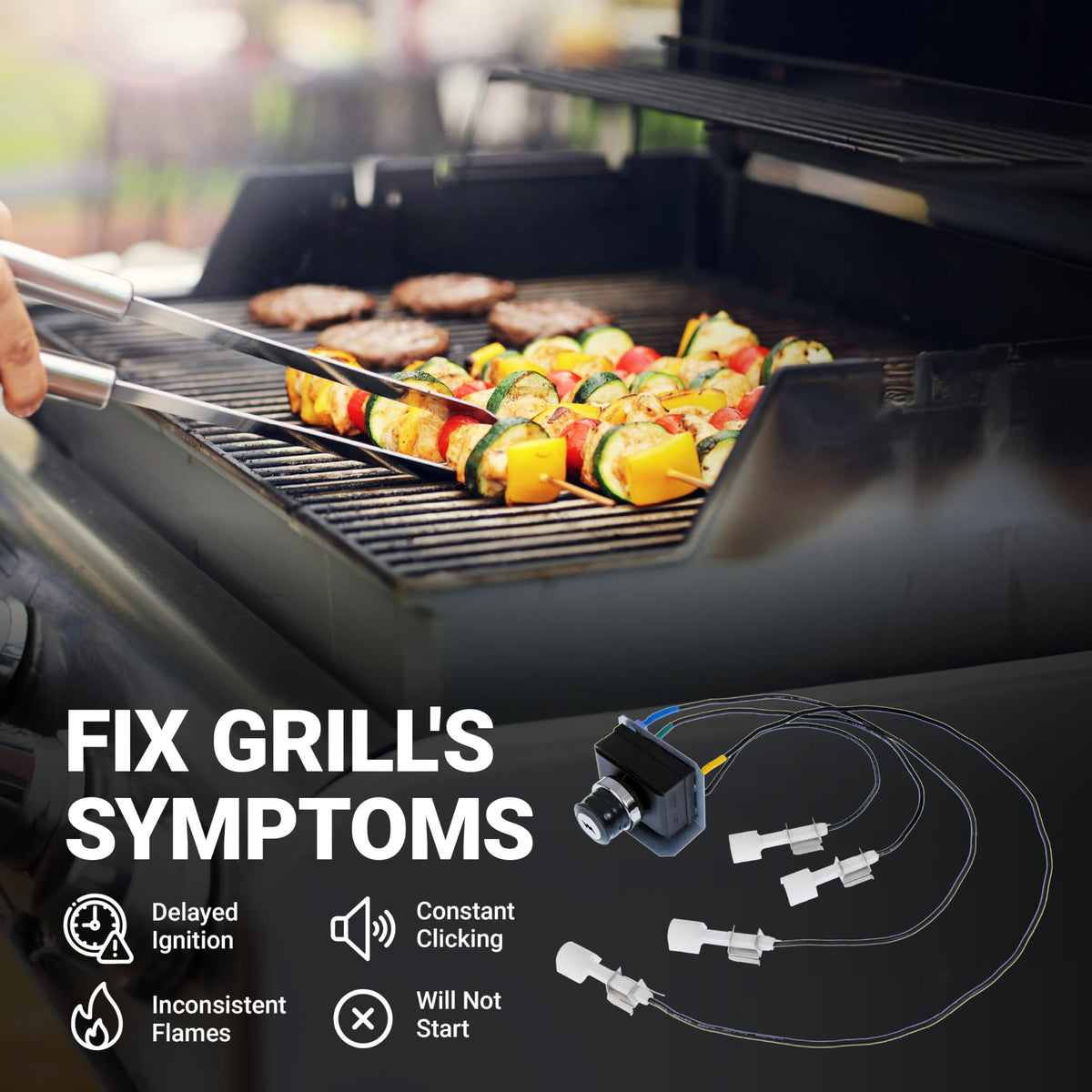Electronic igniter kit for Weber Genesis 300 series grills showing common ignition symptoms and repair solutions.