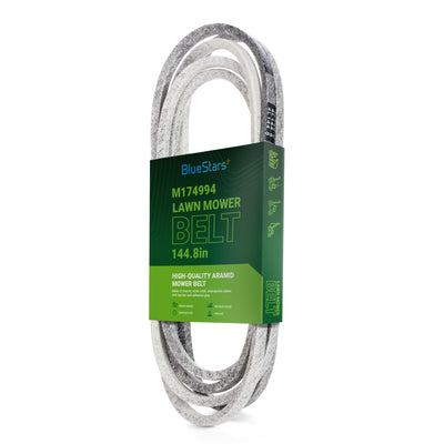 M174994 heavy-duty aramid mower deck belt in branded packaging for John Deere lawn mowers.