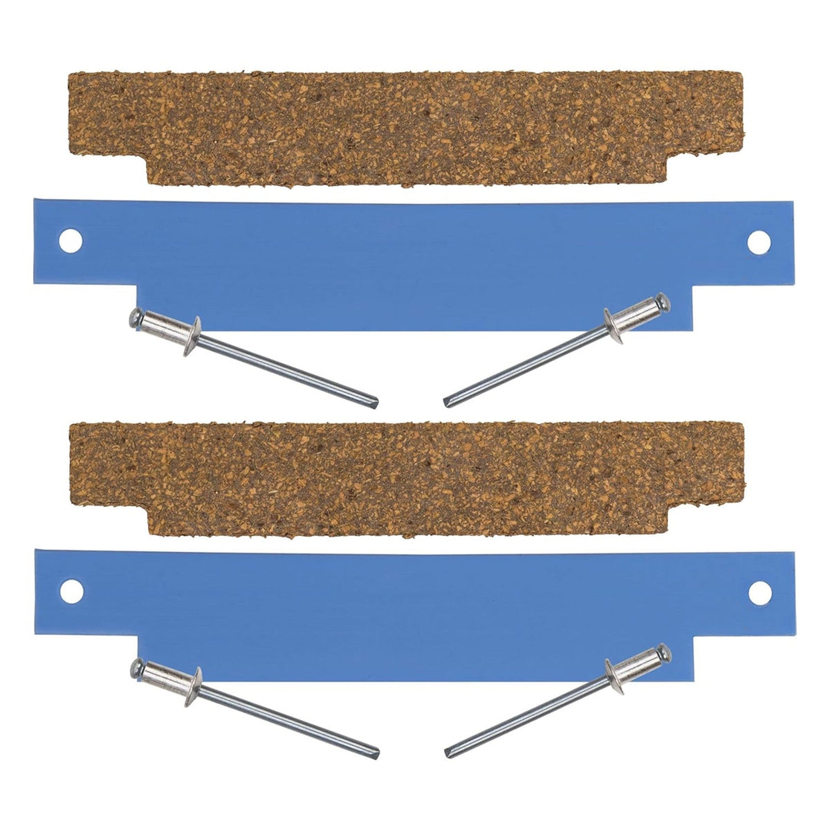 Two sets of clothes dryer tumbler front glide bearings with blue strips and rivets for Whirlpool and Maytag dryers.