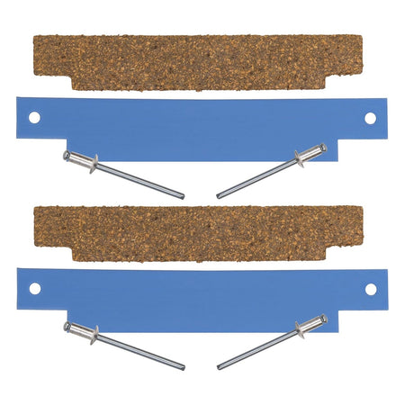 Two sets of clothes dryer tumbler front glide bearings with blue strips and rivets for Whirlpool and Maytag dryers.