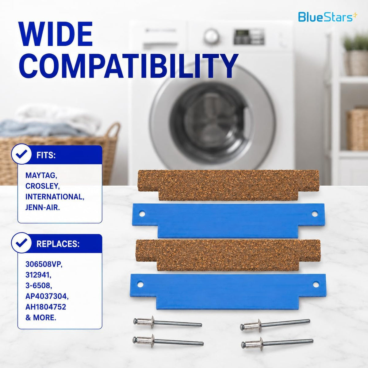 306508 Clothes Dryer Tumbler Front Glide Bearing Kit, 2-pack, shown with compatibility and replacement numbers