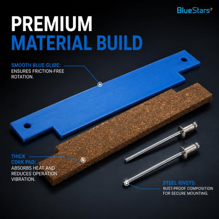 306508 Clothes Dryer Tumbler Front Glide Bearing Kit showing blue glide, cork pad, and two steel rivets