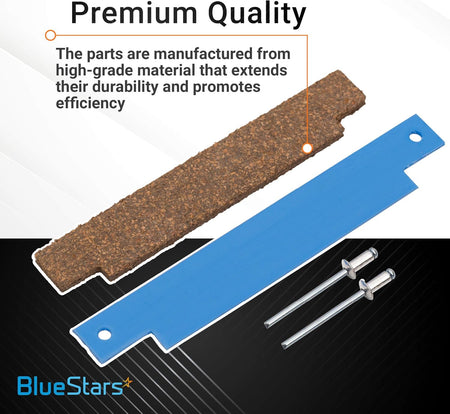 Clothes dryer tumbler front glide bearing kit component with cork strip, blue support bracket, and two metal rivets.