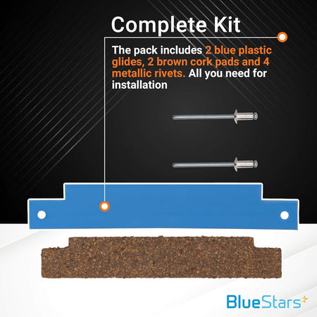 Infographic showing components of 306508 dryer front glide bearing kit including blue glides, cork pads, and rivets.