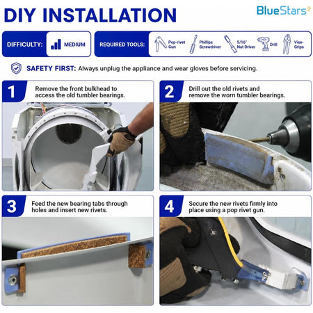306508 Clothes Dryer Tumbler Front Glide Bearing Kit DIY guide showing four steps for removal and rivet installation