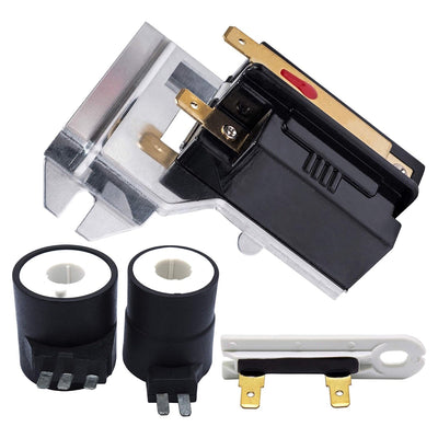 Dryer repair kit with flame sensor, two gas valve ignition solenoid coils, and thermal fuse for Whirlpool and Kenmore.