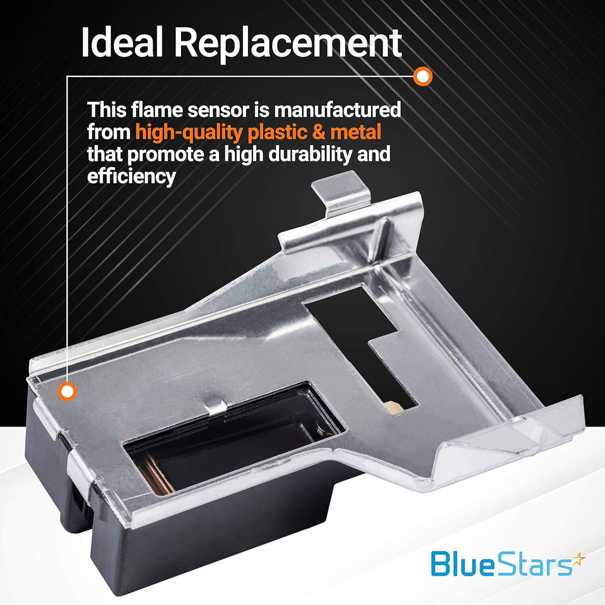 Close-up of 338906 dryer flame sensor replacement part with metal bracket and plastic housing.