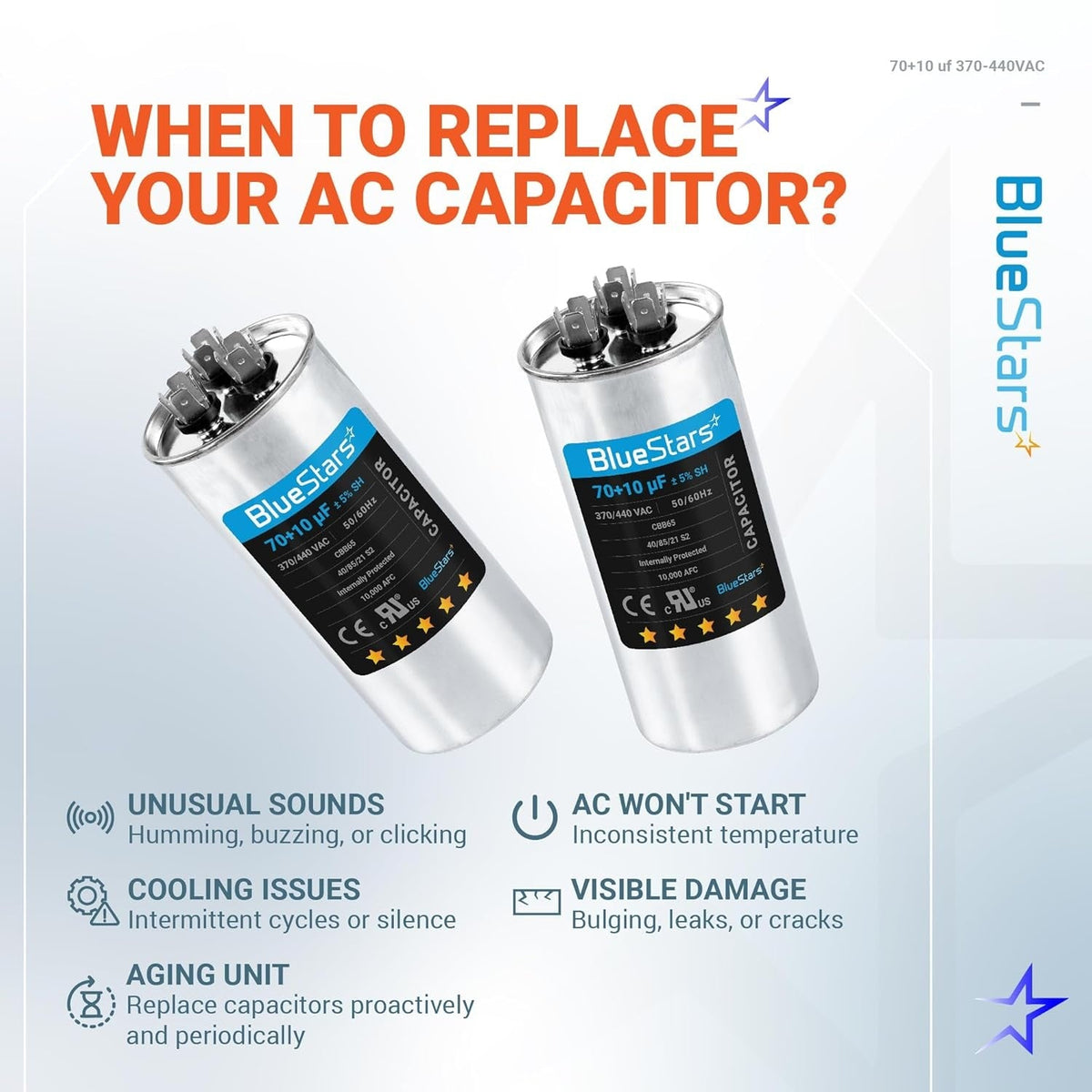 Infographic showing two 70+10 uF dual run start capacitors with signs indicating when to replace your AC unit capacitor.