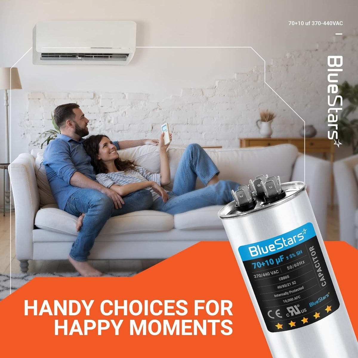 BlueStars 70+10 uF 370/440 VAC dual run capacitor for AC unit and heat pump fan motors.