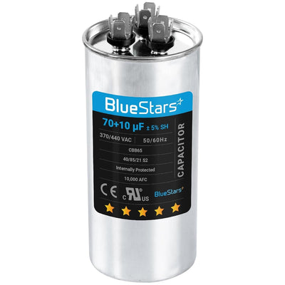 BlueStars 70+10 uF MFD 370/440 VAC dual run start capacitor for AC unit fan motors and heat pumps.