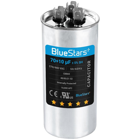 BlueStars 70+10 uF MFD 370/440 VAC dual run start capacitor for AC unit fan motors and heat pumps.
