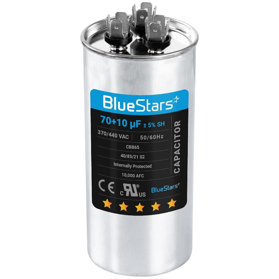 BlueStars 70+10 uF MFD 370/440 VAC dual run start capacitor for AC unit fan motors and heat pumps.