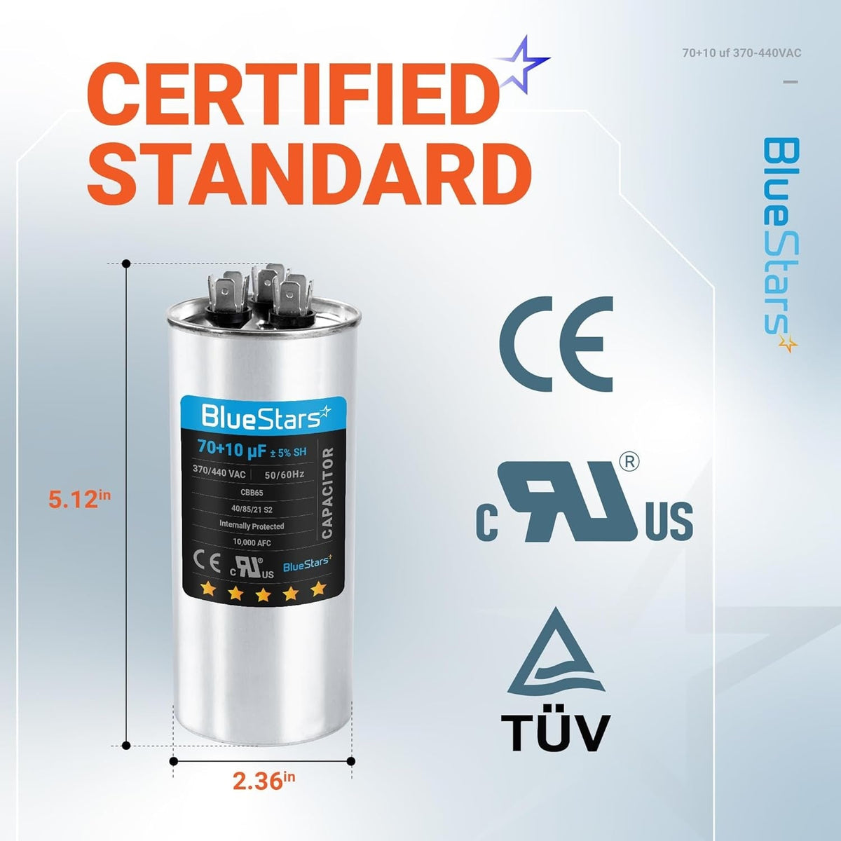 BlueStars 70+10 uF 370/440 VAC dual run capacitor with dimensions labeled for AC unit and heat pump motor.