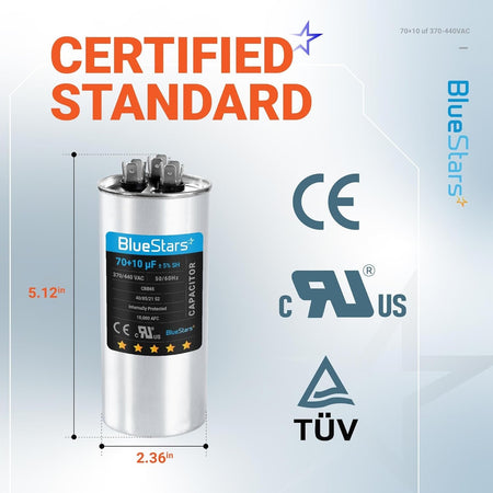 BlueStars 70+10 uF 370/440 VAC dual run capacitor with dimensions labeled for AC unit and heat pump motor.