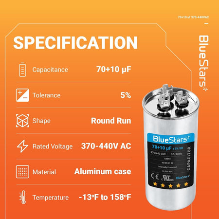 Infographic showing specifications for a 70+10 uF dual run start capacitor for AC units and heat pumps.