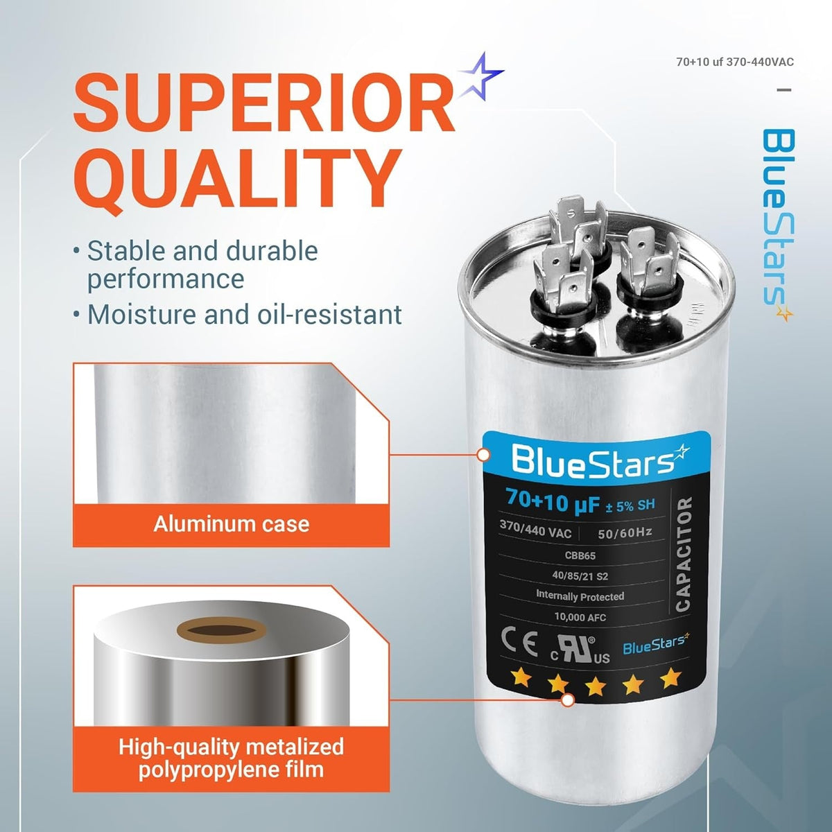 BlueStars 70+10 uF dual run start capacitor with aluminum case and metalized polypropylene film construction.