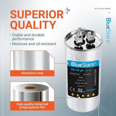 BlueStars 70+10 uF dual run start capacitor with aluminum case and metalized polypropylene film construction.