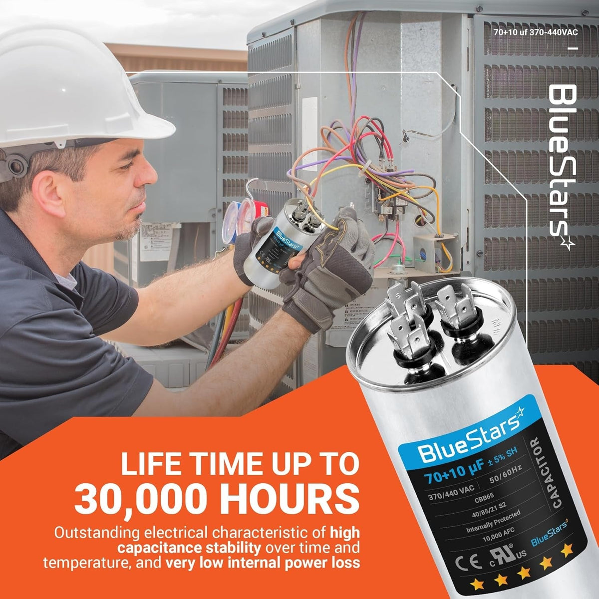 Technician installing a 70+10 uF dual run start capacitor into an AC unit outdoor condenser.
