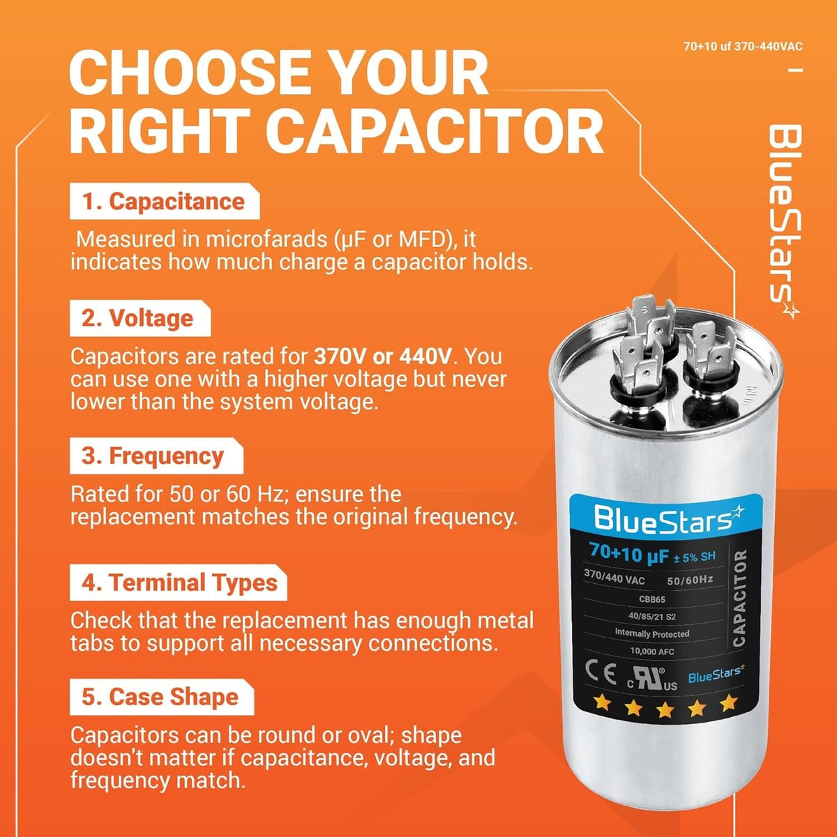Informational guide for selecting a 70+10 uF 370/440 VAC dual run capacitor for AC and heat pump motors.