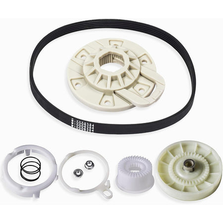 W10721967 Pulley Clutch Kit with W10006384 drive belt and W10528947 basket hub, components displayed