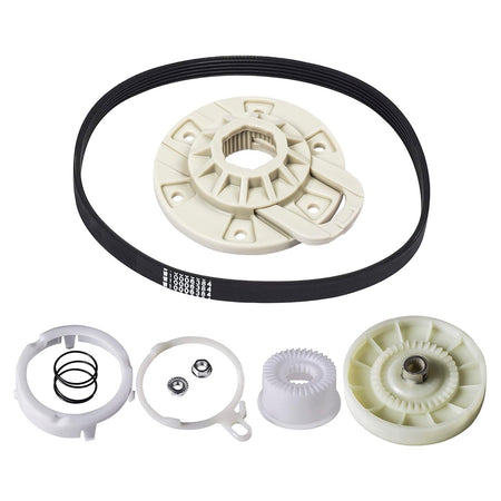 Washing machine pulley clutch kit, drive belt, and basket hub replacement parts for Whirlpool, Kenmore, and Maytag washers.