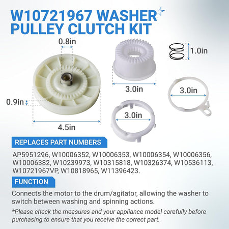 W10721967 Pulley Clutch Kit dimension diagram showing pulley, gear, rings, and clutch ring with measurements