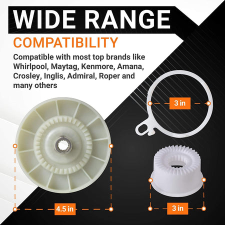 W10721967 pulley clutch kit and W10528947 basket hub components with dimensions for Whirlpool and Kenmore washers.
