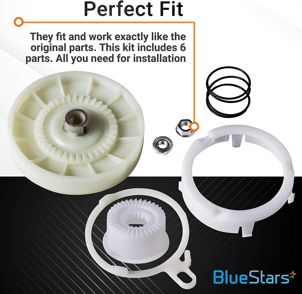 W10721967 washer pulley clutch kit components including pulley, basket hub, spring, and nuts for Whirlpool washers.