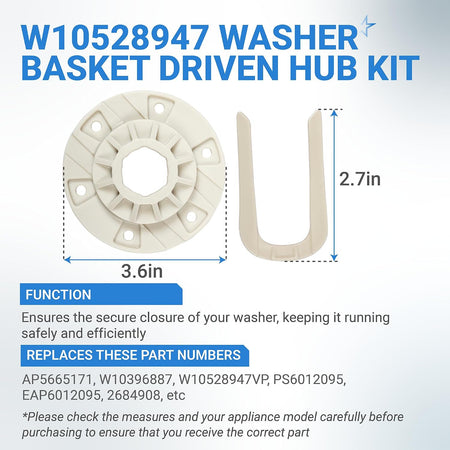 W10528947 Basket Hub Kit, hub and U-shaped component shown with 3.6-inch and 2.7-inch dimensions