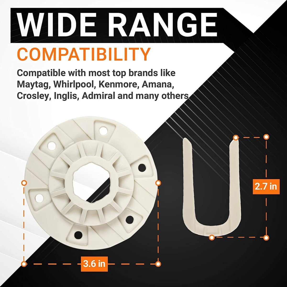W10528947 washer basket hub and U-shaped bracket with dimensions shown for Whirlpool and Kenmore compatibility.