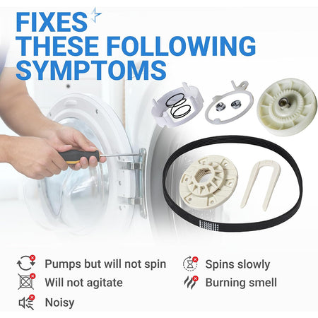 W10721967 Pulley Clutch Kit with W10006384 belt and W10528947 hub, symptom chart and washer repair