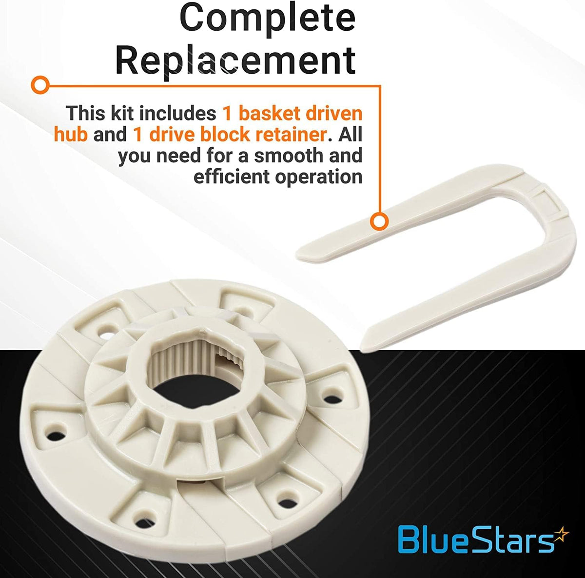 W10528947 washer basket hub and drive block retainer kit for Whirlpool, Kenmore, and Maytag washing machines.