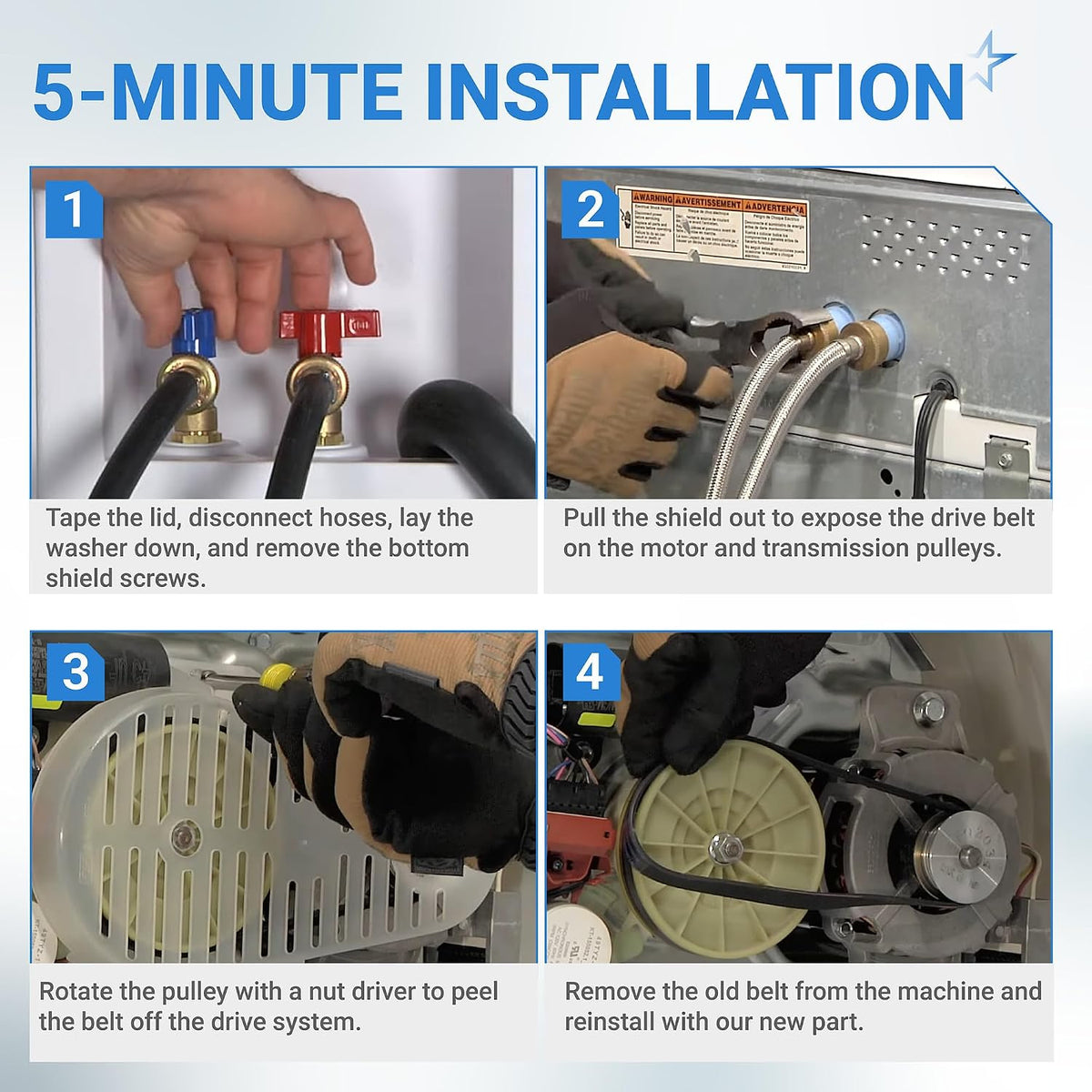 W10721967 Pulley Clutch Kit W10006384 Drive Belt W10528947 Basket Hub four-step installation guide