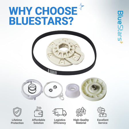 W10721967 Pulley Clutch Kit, W10006384 Drive Belt, W10528947 Basket Hub shown together with service icons