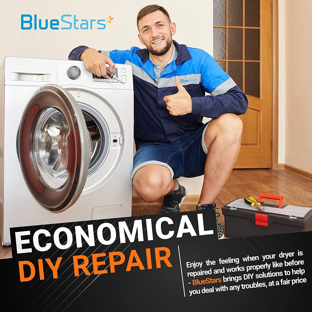 BlueStars technician performing an economical DIY repair on a Whirlpool, Kenmore, or Maytag washer.