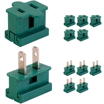 Set of 10 green male and female slip plugs for 125V Christmas light cords.