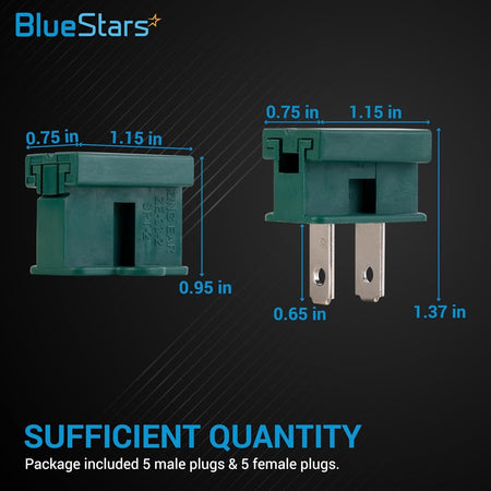Dimensional diagram of 6A 110/125V male and female slip plugs for Christmas lights showing measurements.