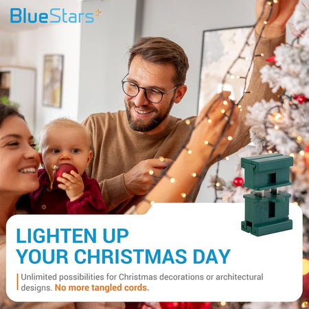 Family decorating a Christmas tree with a close-up of green 6A 110/125V male and female slip plugs for light cords.