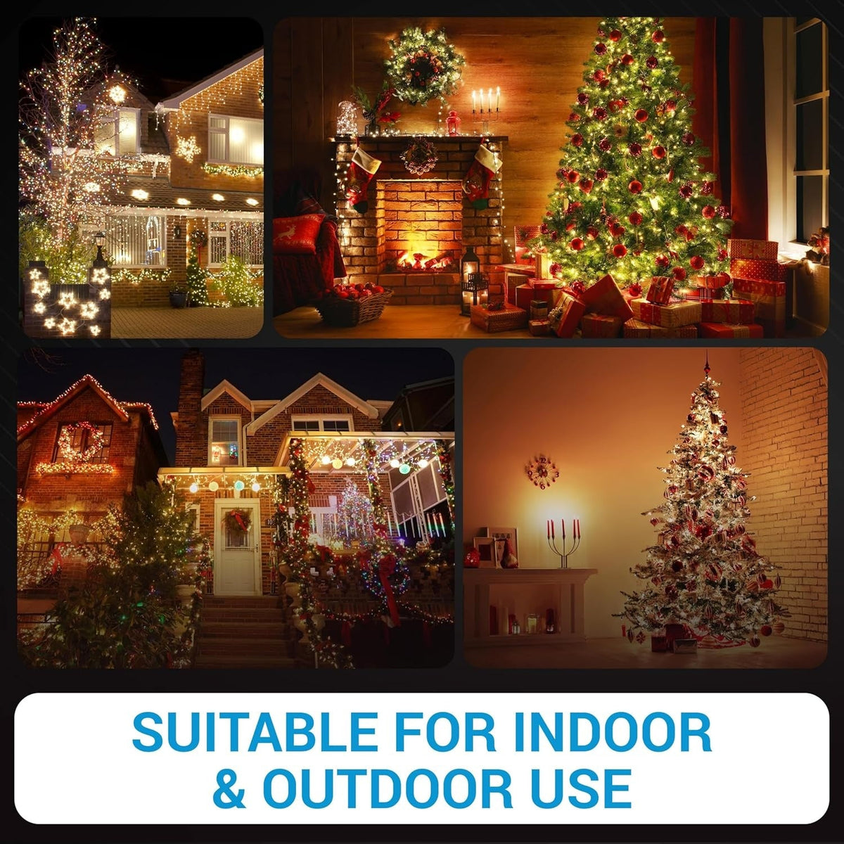 Collage of indoor and outdoor Christmas light decorations demonstrating suitability for all-season lighting use.