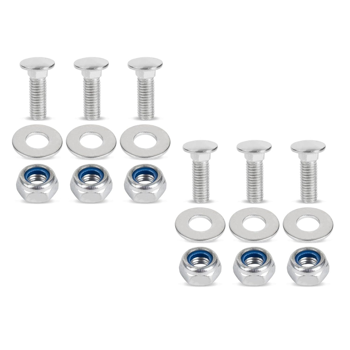 Six sets of stainless steel carriage bolts, washers, and nylon lock nuts for 710-0451 skid shoe installation.