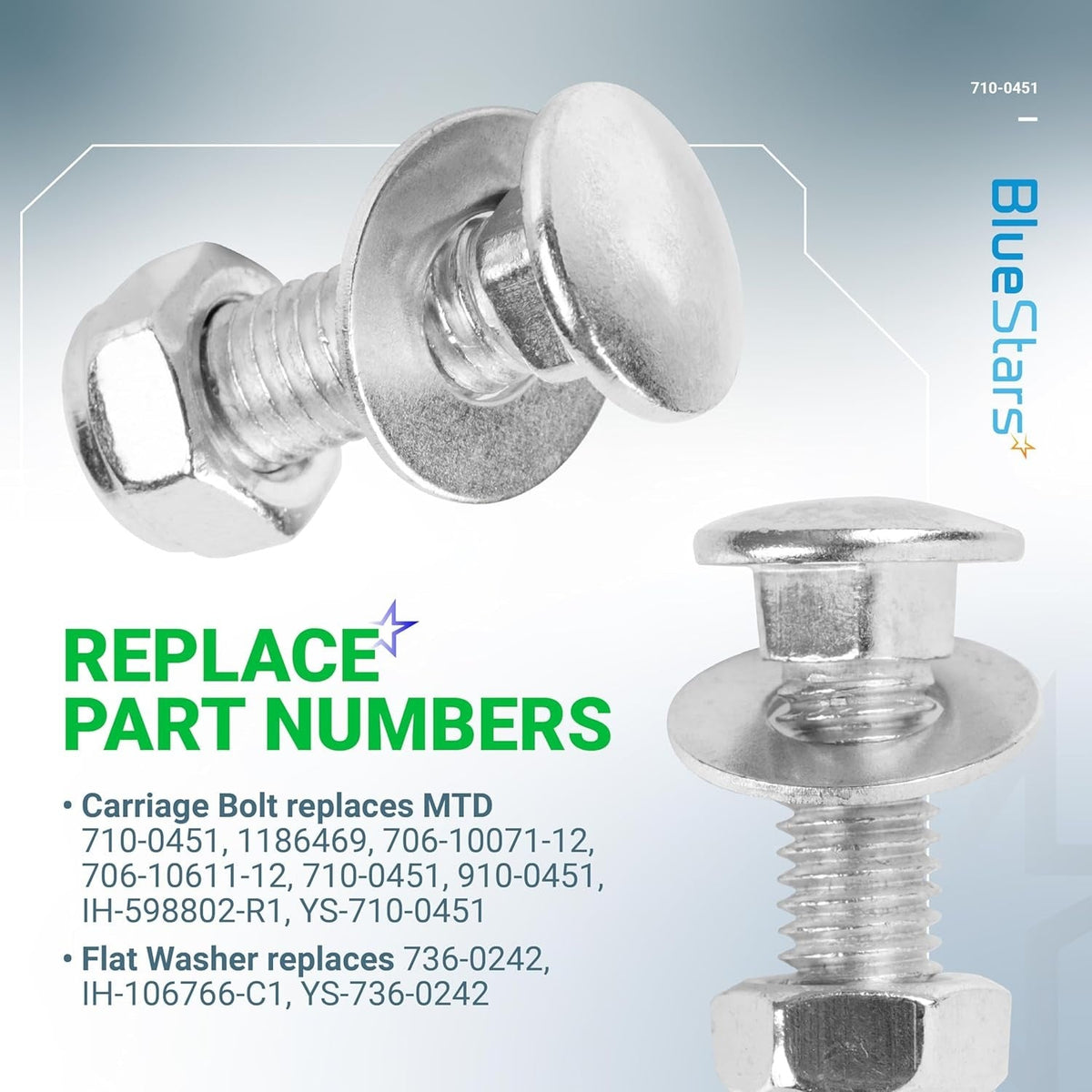 Stainless steel carriage bolt, washer, and nut assembly for 710-0451 skid shoe replacement.