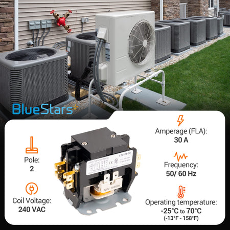 30 Amp 2-pole contactor with 240VAC coil for air conditioner and heat pump systems with technical specifications.